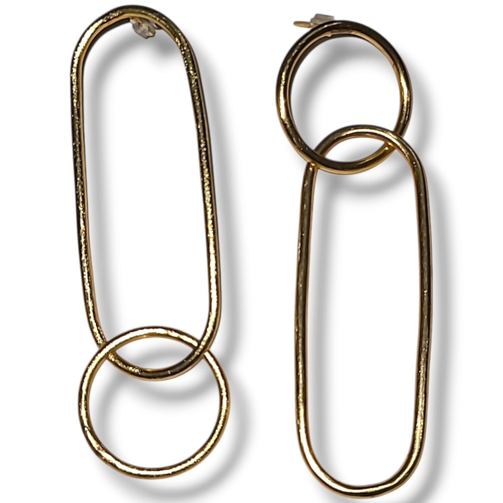 Gold Tone Geometric Dangle Earrings 3" Long Double Loop Statement Drop